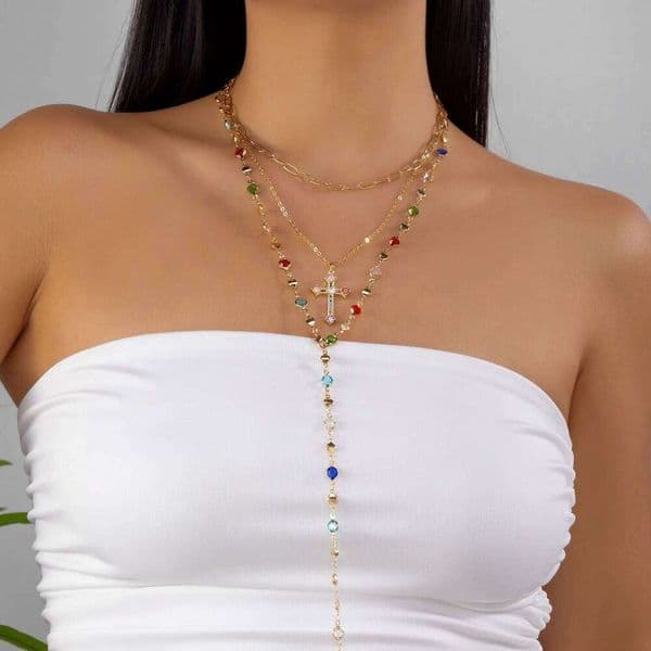 Vintage Zircon Cross Pendant Necklace for Women Gold Color Glass Y-Shaped Long Chain Choker Girls Party Neck Jewelry Gifts