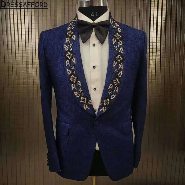 Royal Blue Jacquard Weave Men Suits Appliques Groom Wedding Tuxedos 2 Pieces Sets Dinner Prom Blazers Terno Masculino Completo