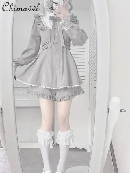 Bestseller Japanese Sweet Bow Doll Collar Long Sleeve Subculture Girl Women Waist-Cinching Cute Lolita Dress Sets 2026 Spring ddmytues