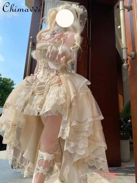 Bestseller Princess Evening Champagne Gold Front Short Back Long Gorgeous CLA Vintage Fairy Lolita Birthday Party Dress ddmytues