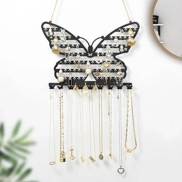 Butterfly Shape Wall Mounted - Jewelry Hanging Rack for Necklaces, Earrings, Bracelets Display and Storage, Black,