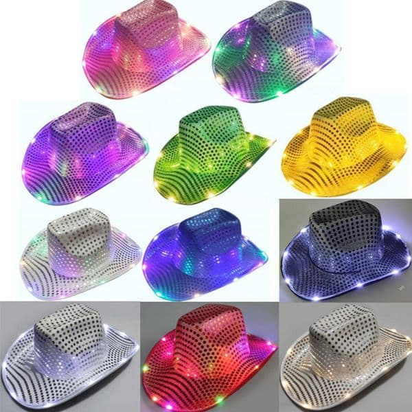 Sequin LED Cowboy Hats With Flashing Light Up Cap Luminous Space Cowgirl Hat 3 Model Light For Wedding Western Halloween Costume Party Supplies