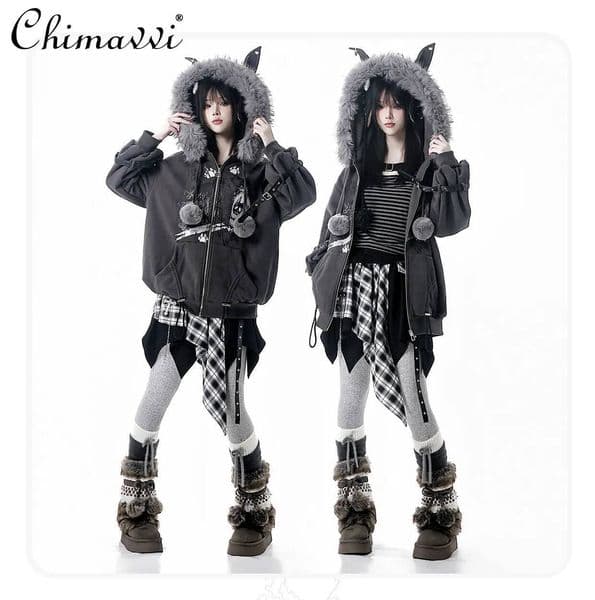 Bestseller Winter New Japanese Style Large Fur Collar Pom-Pom Hat Rope Dark Gray Fleece-Lined Jacket Stretch Base Shirt Skirt Women's Set ddmytues
