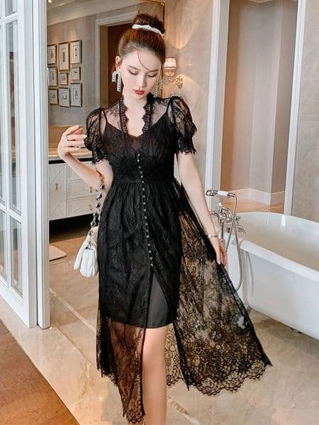 Bestseller Korean Style Vintage Sexy V-Neck Short Sleeve Maxi Party Ladies OL Elegant Coffee Break Robe Lace Perspective Beach Dress Ddmytues