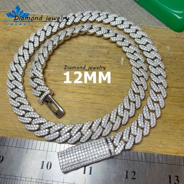 12mm Pass Diamond Tester 925 Sterling Silver Full VVS Moissanite Iced Out Cuban Chain Link Necklace Men Women Neck Jewlery