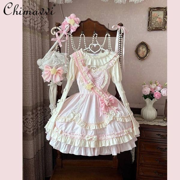 Bestseller Original Japanese Sweet Girl Cute Lolita Strap Dress 2025 Autumn Clothes Kawaii Bow High Waist Elegant Princess JSK Dresses ddmytues