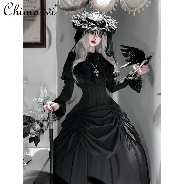 Bestseller Dark Gothic Lolita 2025 Autumn New Punk Style Long Sleeve Shirt Top Fishbone Waist Skirt Women's Two-Piece Set ddmytues