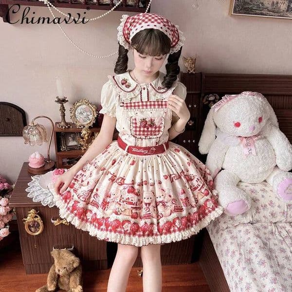 Bestseller Sweet Girls Lolita Red Suspender Strawberry Print Cute Bow High Waist Short and Shirts Kawaii Elegant Dress Sets ddmytues