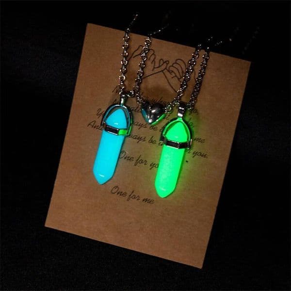 2Pcs/Set Luminous Hexagonal Column Heart Couple Magnetic Natural Stone Geometric Pendant Necklace Jewelry Gifts
