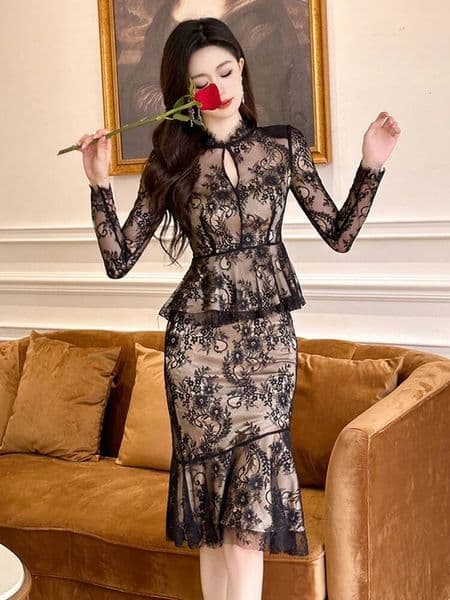 Bestseller Spring Autumn Lace Sheer Club Sexy 2 Pieces Outfits Elegant Women Short Tops Shirt Blouse Femme High Waist Midi Skirt Mujer Sets Ddmytues