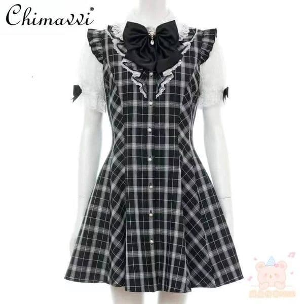 Bestseller Japanese Sc Plaid Bow Lace Sleeve Short Lolita Dress 2025 Summer New Mine Mass Production Sweet Girl Womens Y2k Jk Dresses ddmytues