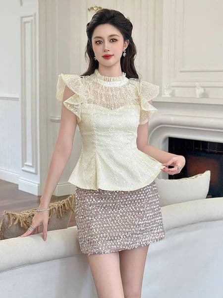 Bestseller Summer Women's French Lace Sheer Sexy Stand Neck Blouse Ruffle Sleeve Sparkly Sequin Tops Elegant Party Slim Shirts Lady Clothes ddmytues