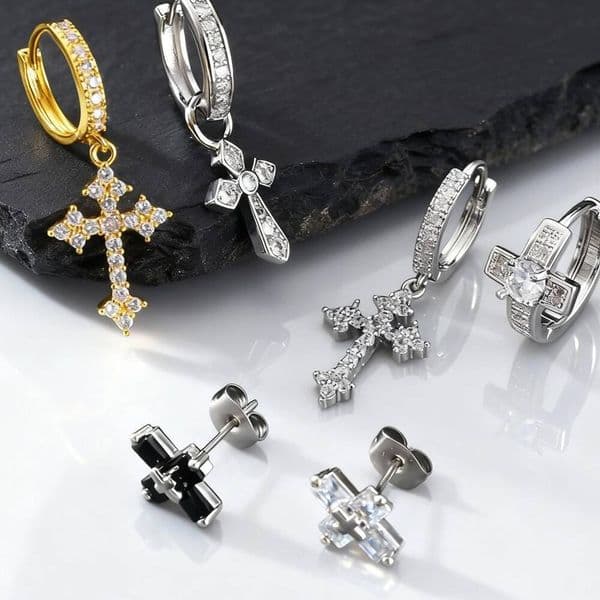 Hiphop Hoop Earrings for Men Women,Crystal Zircon Inlay Metal Cross Huggies Earrings,Cool Pop Punk Jewelry Gift