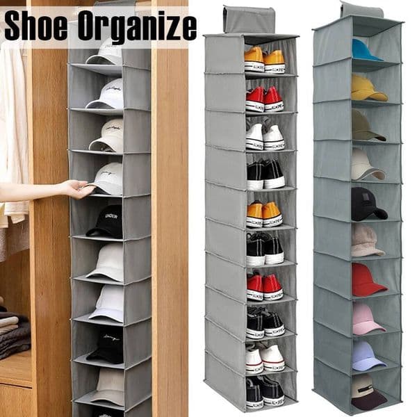 Organizer Non-woven Storage Shelf 10-Layer Foldable Hanging Shoe Rack Space Saving for Home Bedroom Closet