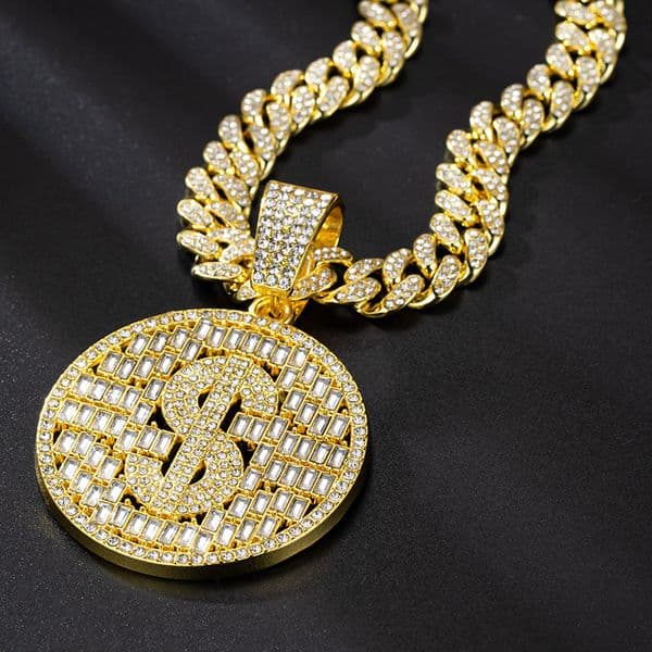 New Hiphop Trendy Long Necklace Cuban Chain Thick Gold Chain Usd Round Pendant Trendy Wearing Necklace Premium Gift