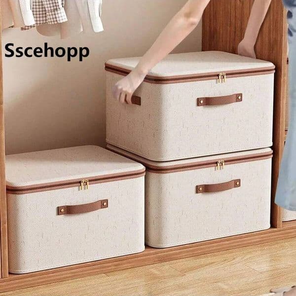 Sscehopp Zippered Lid Cotton Linen Storage Foldable Washable Closet Rack Clothes Organizing Box with PU Leather Handle