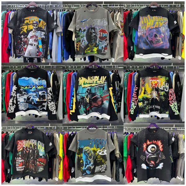 Designer Roughplay Rock Roll Out T-Shirt Men Women Black Grey Shirts Printed Graphic Cotton Casual Roughplay Shirt Short Sleeve Hip Hop Streetwear Washed 089