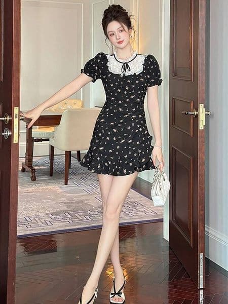 Bestseller Women Clothes Sweet Black Floral Print Lace O-Neck Slim Mini Short Dress Elegant Lady Fashion Party Prom Vestido Boho Summer New ddmytues