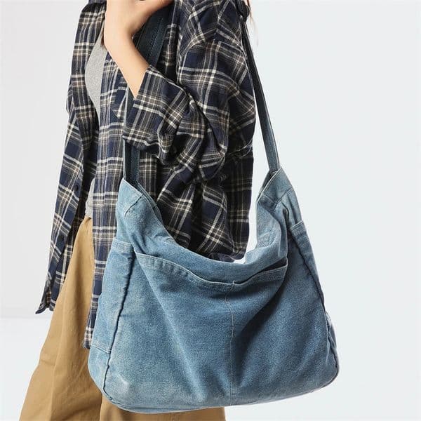 Simple Denim Womens Shoulder Bag Large Capacity Casual Tote Bag Men Women College Student Crossbody Bag Schoolbag Handbags 260109