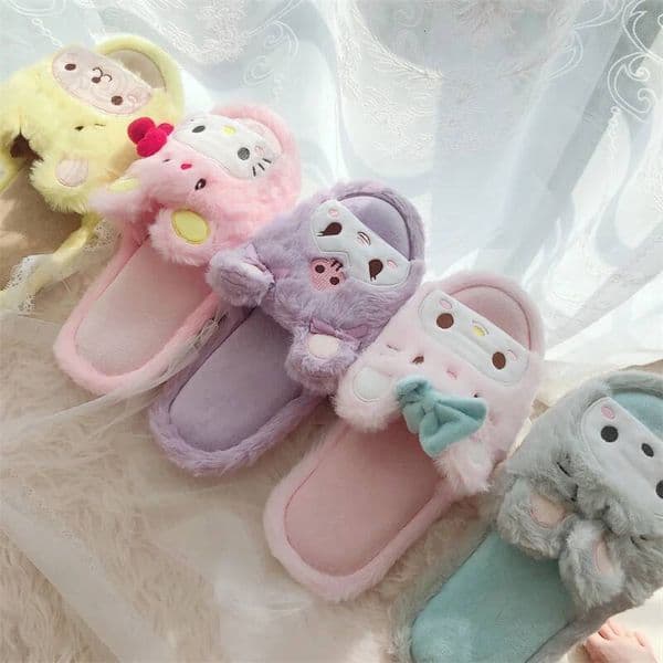 Ddmybear Kawaii Kuromi My Melody Cartoon Slippers Women Girl Anime Flat Peep Toe Plush Indoor Shoes Non Slip Casual Pink Spring Autumn Outdoor Shoes