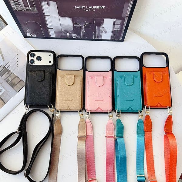 Luxury Emboss Card Pocket Phone Case for iPhone 17 Air 16 15 Plus 14 13 12 11 Pro Max X Xs Xr 8 7 Designer Letter Crossbody Strap Cover Samsung S26 S25 Galaxy S24 S23 S22 Ultra