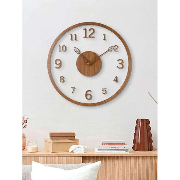 Transparent minimalist tree leaf pointer, wood grain wall clock, silent living room, bedroom, office, and holiday de 26H0113