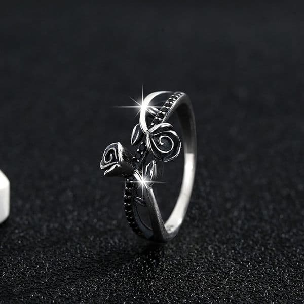 All-over S925 Sterling Silver Vintage Black Zircon Twin Rose for Women, Double-layer Design, French-style Flower Ring