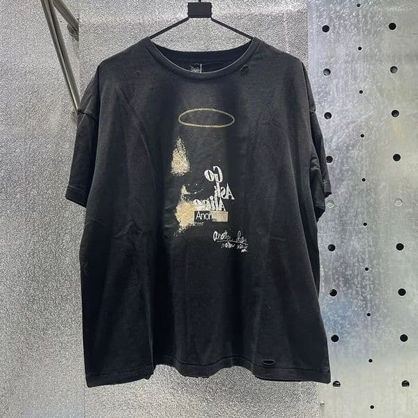 Hip Hop Letters Graffiti Vintage Washed Black Damaged Hole T-Shirt Men Women Graphics Rhinestone T Shirt Cotton Tee