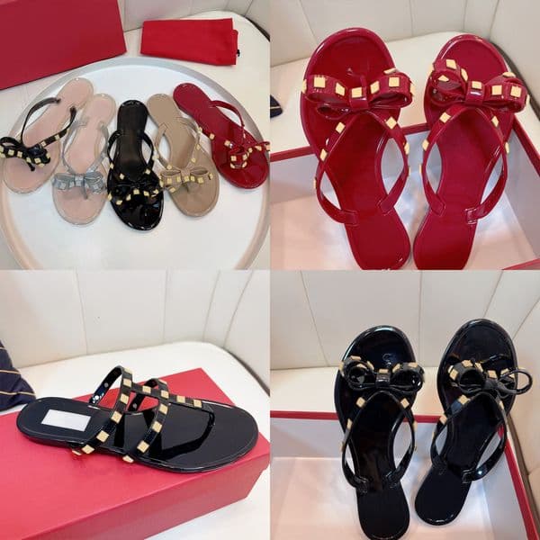Designer Woman Beach Riveted Slippers Bow Flip-flops Rockstuds Sandals T-Strap Flat Slides Sandals Casual Flat Bottom Sliders 352