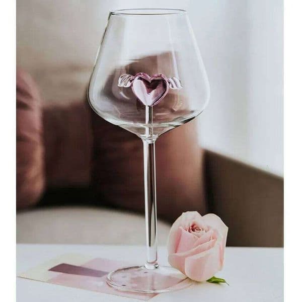Valentine's Day Large Capacity Creative 3D Diamond Pink Glass Rose Winged Heart Build-in Red Wine Glasses Cup Stemware Goblets Lovely Gift 1 PC 26H0114
