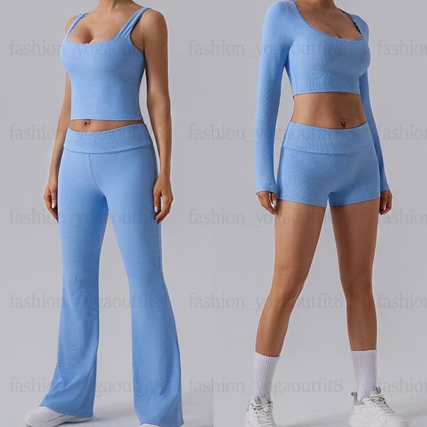 Womens Sports Yoga Sets Fitness Thread Slim Long Sleeve Tops Women Sportswear Workout Clothes Gym Suit Wide Leg Sweatpants Solid Color Size S-XL
