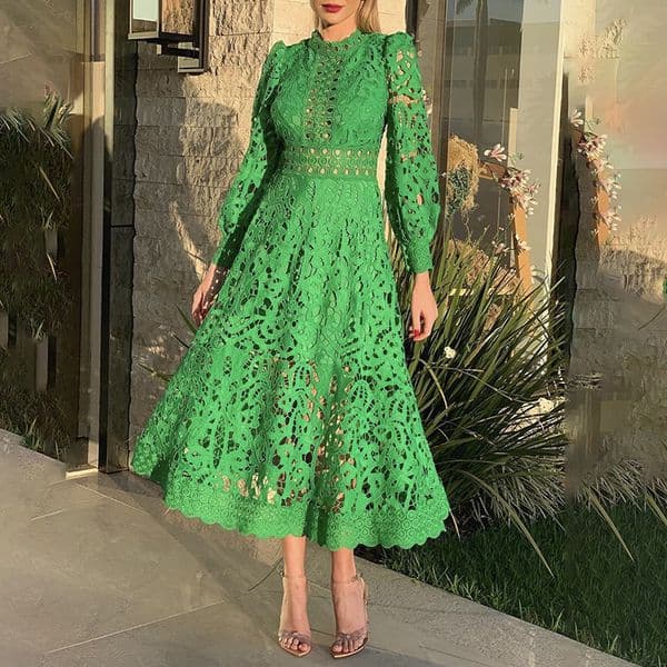 French-style Elegant Long-sleeved Dress For Women New Autumn 2026 Fashion Style With A Fitted Waist And Embroidered Mid-length Green Dress Wholesale Available
