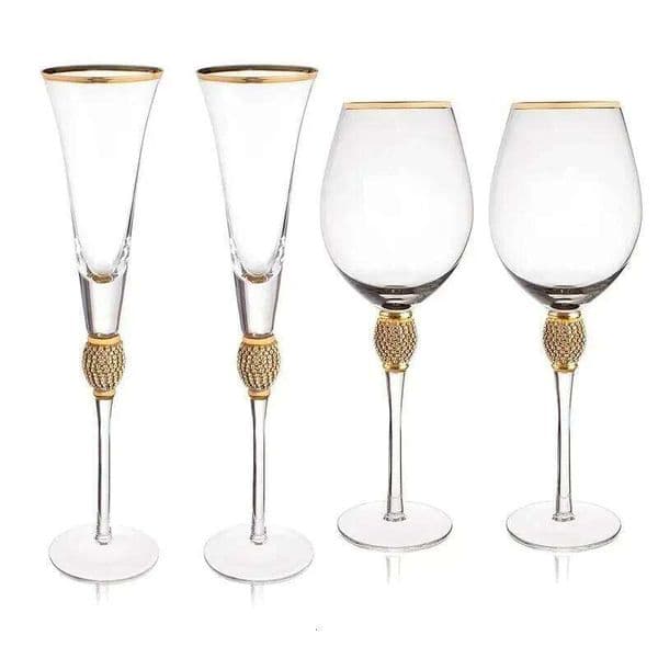 Valentine's Day 2Pcs Crystal Gold Rimmed Wine Glasses Set Elegant Rhinestone Diamond Decorative Long Stem Champagne Flutes Cocktail Glass Gifts 26H0114