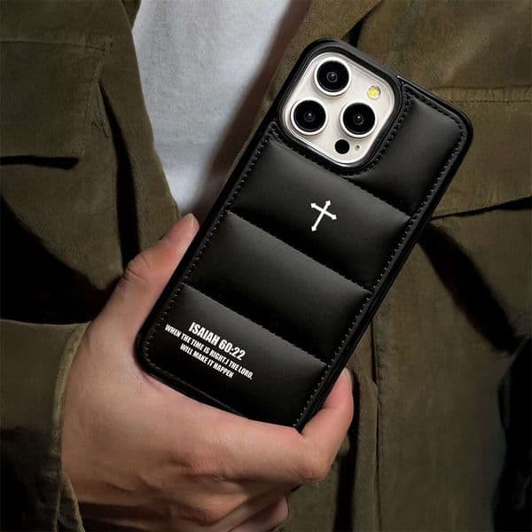 Designer Bible Verse Cross Iphone Case Puffer Jacket Texture Leather Cover Shockproof Protection For Apple Iphone 17 Pro Max 16 15 14 13 Mini 12 11 XR Air Xsmax