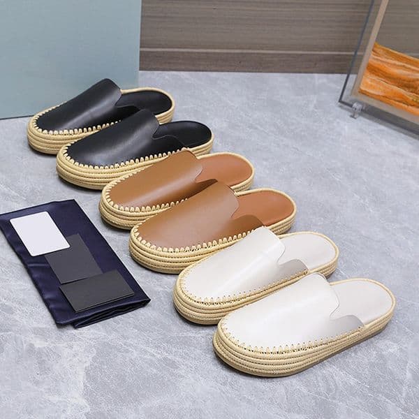 Top Designer Espadrille Shoes Genuine Leather Fisherman Espadrilles Sandals Slides Black White Brown Raffia Mules 1035