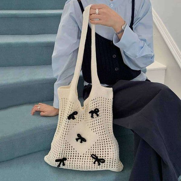 Bowknot Knitting Shoulder Bags Beach Bag Hollow Out Shopper Tote Handbag Crochet Underarm Pouch For Women Travel Pack