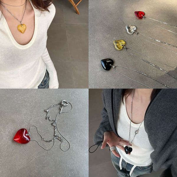 Titanium Steel Non-Fading Long Necklace Heart Transparent Niche Design Adjustable Choker Sweater Chain