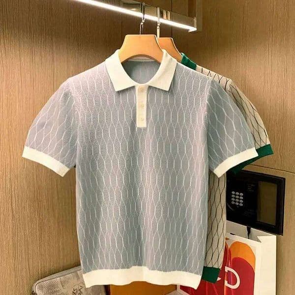 Summer Men Knitted Polo Shirts Short Sleeve Plaid T Shirts Tops High Standard LEEGO LENS