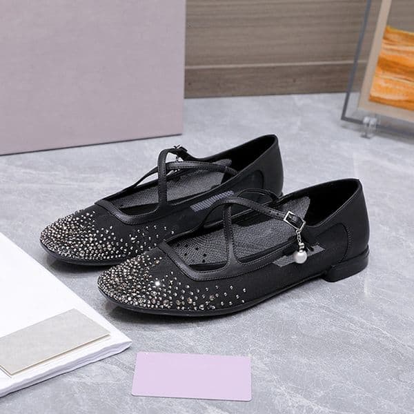 New Designer Ballet Flats Crystal Mary Jane Shoes Eleri Mesh Ballerinas Shoes Luxury Rhinestone Flat Pumps Breathable Leather Sandals 1036