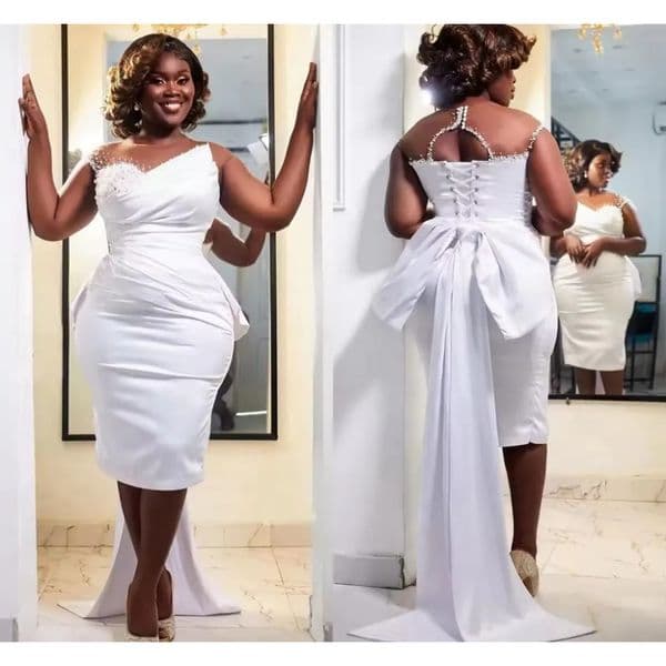 Customized Plus Size African Women Short Sheath Wedding Dresses Modest White Pearls Beaded Reception Party Gowns Tea Length Cap Sleeves Bow Vestidos De Novia