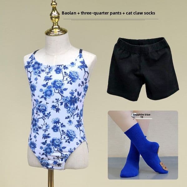 Printed Camisole Jumpsuit Children's Dance Costume Kids Practice Outfit Blue and White Porcelain Bodysuit Chinese Style Girls