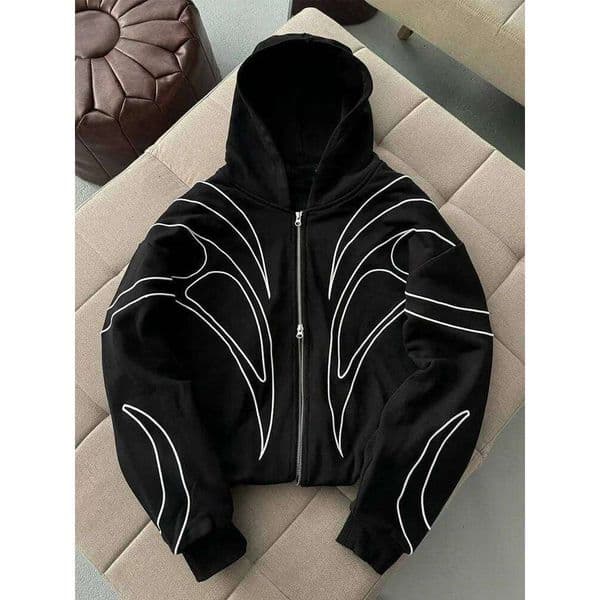 Street Retro Fashion Clothing Striped Embroidered Black Double Zipper Hoodie American Hip-hop Punk Oversized Sweatshirt women
