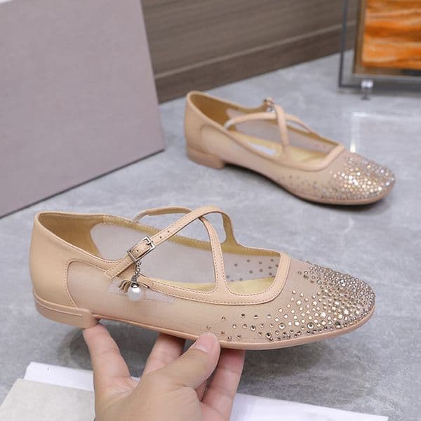 Designer Mesh Eleri Ballerina Shoes Crystals Ballet Flats Luxury Mary Jane Shoes Rhinestone Flat Pumps Leather Mules Womens Dress Shoes 1036
