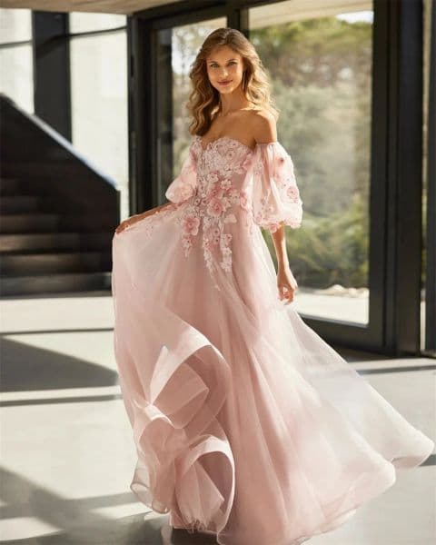 New Modern Pink Prom Party Dress 2026 Detachable Long Sleeves Sweetheart 3D Flowers Lace Appliques Tulle Evening Formal Birthday Gowns Robe De Soiree