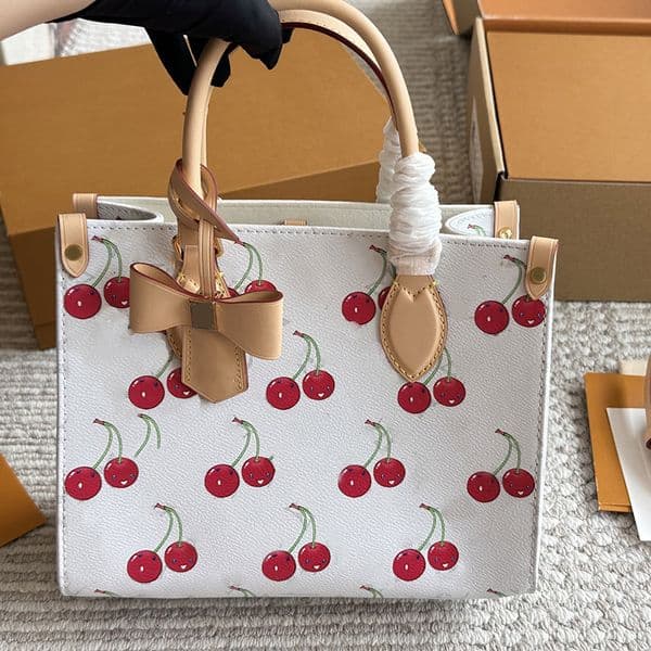 Ladies Designer Cherry Old Flower Shopping Tote Shoulder Bags With Adjust Strap Crossbody Handbags With Bowknot Outdoor Sacoche Portable Stylish Purse 25x20cm