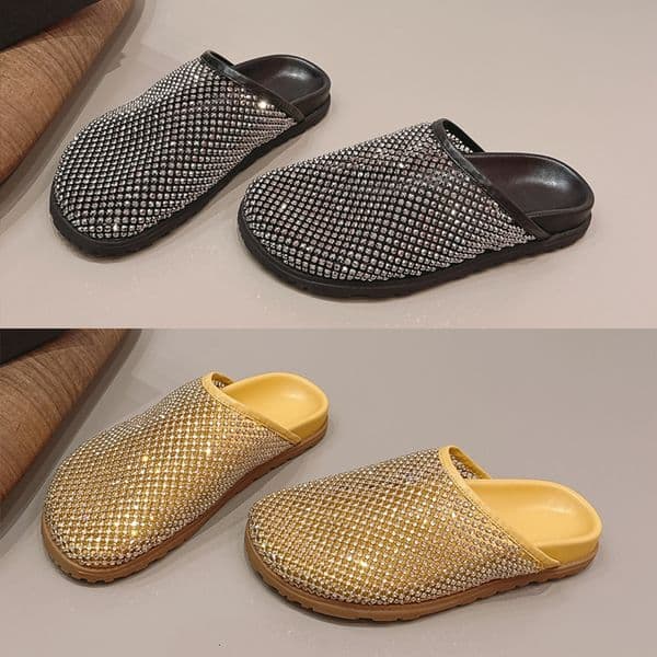 26ss Women Mules Rhinestone Decoration Mueller Sandals Luxury Half Slippers Summer Mesh Clogs Slides Outdoor Shoes 1037