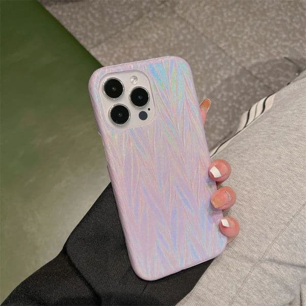 Iridescent Designer Phone Case for Apple iPhone 17 16 Pro Max 15 14 13 12 Luxury PU Leather Laser Diamond Hardwares Velvet Lining Back Cover Coque Funda Celulares Pink