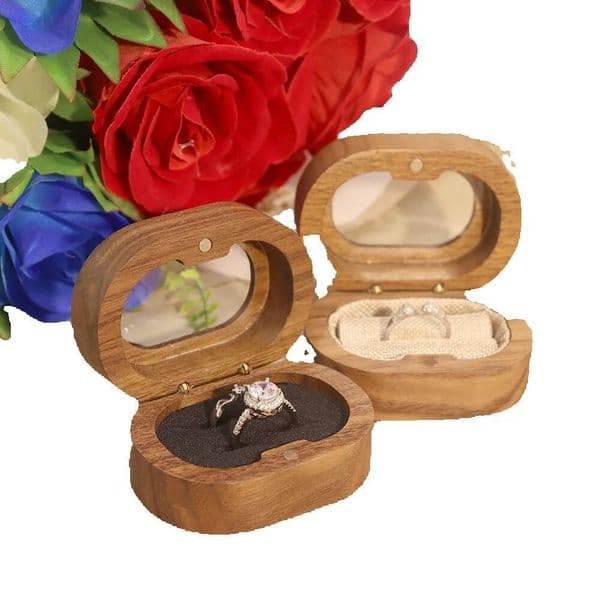 Solid Wood Walnut Earring Jewelry Storage Oval Window Acrylic Proposal Ring Box