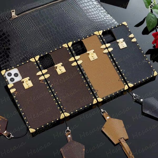 Luxury Square Show Phone Case for iPhone 17 16 15 14 13 12 Mini 11 Pro Max X Xs Xr 8 7 Plus Soft TPU Frame Floral Print Leather Shell Cover with Designer Neck Shoulder Strap