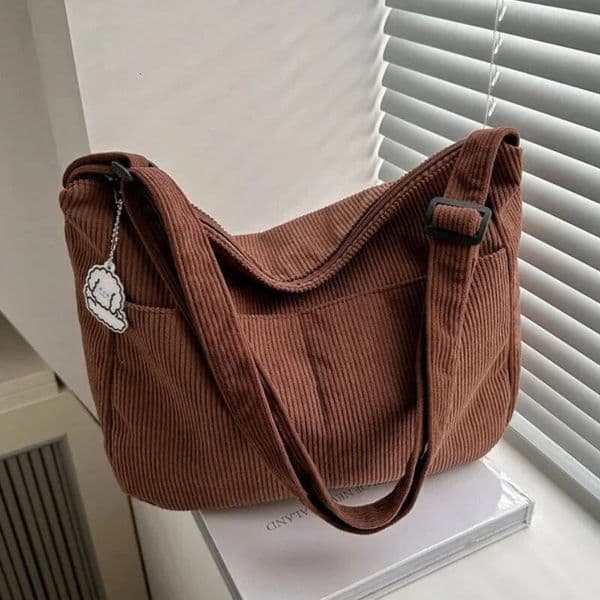 Bestselling women's corduroy shoulder bag, casual striped large capacity handbag, zipper closure, cute hat sticker, perfect for daily use ddmybear